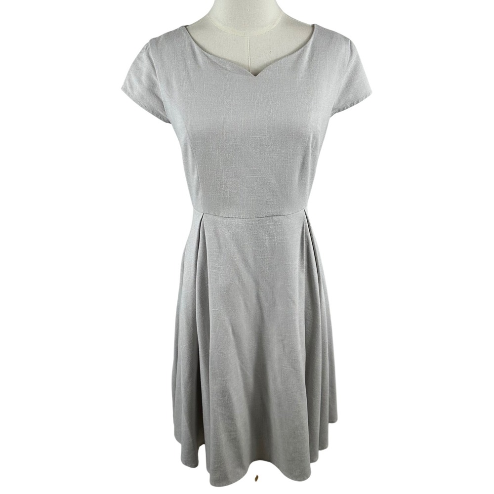 Gray Fit Flare Dress Womens M A Line Short Sleeve Quiet Luxury Minimalist V Neck